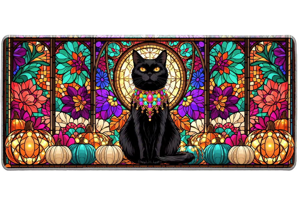 Black cat stained glass autumn pumpkin desk mat shown in its wide-format artwork view