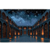 Starry Night Library Desk Mat | Candlelit Bookshelves artwork on an extended desk mat with starry night library design