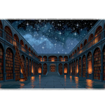 Starry Night Library Desk Mat | Candlelit Bookshelves artwork on an extended desk mat with starry night library design