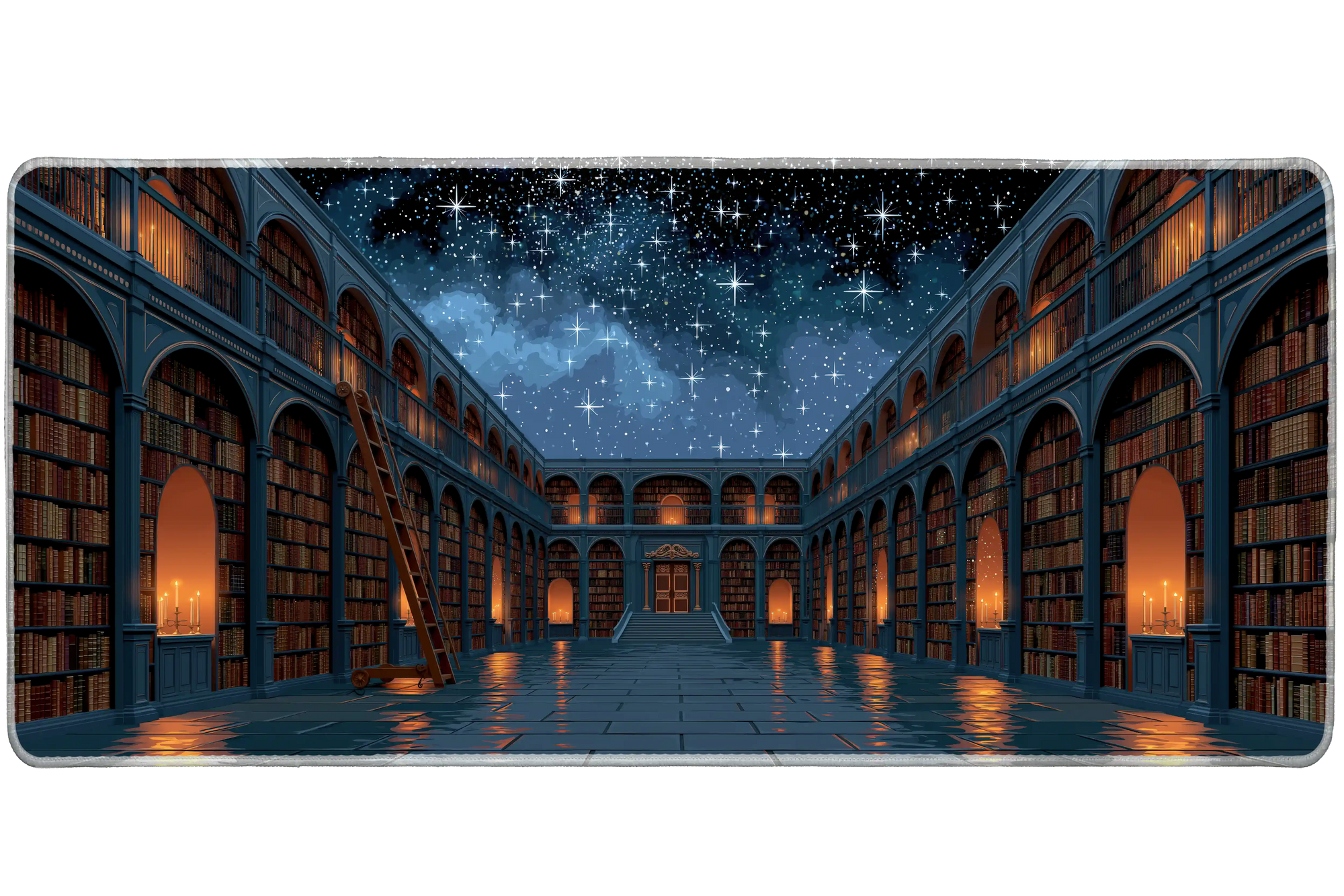Starry Night Library Desk Mat | Candlelit Bookshelves artwork on an extended desk mat with starry night library design