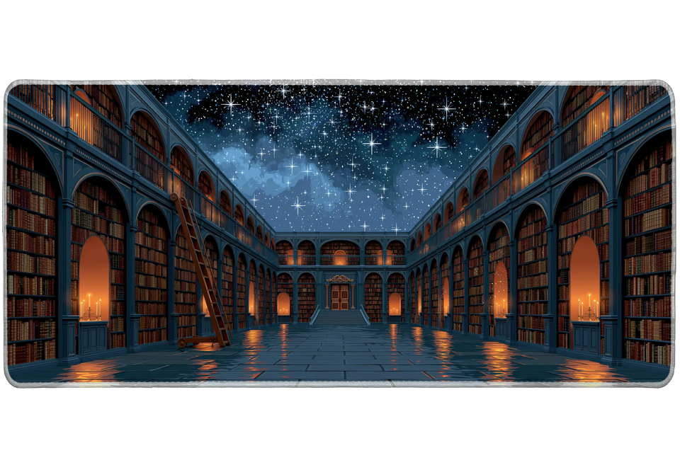 Starry Night Library Desk Mat | Candlelit Bookshelves artwork on an extended desk mat with starry night library design