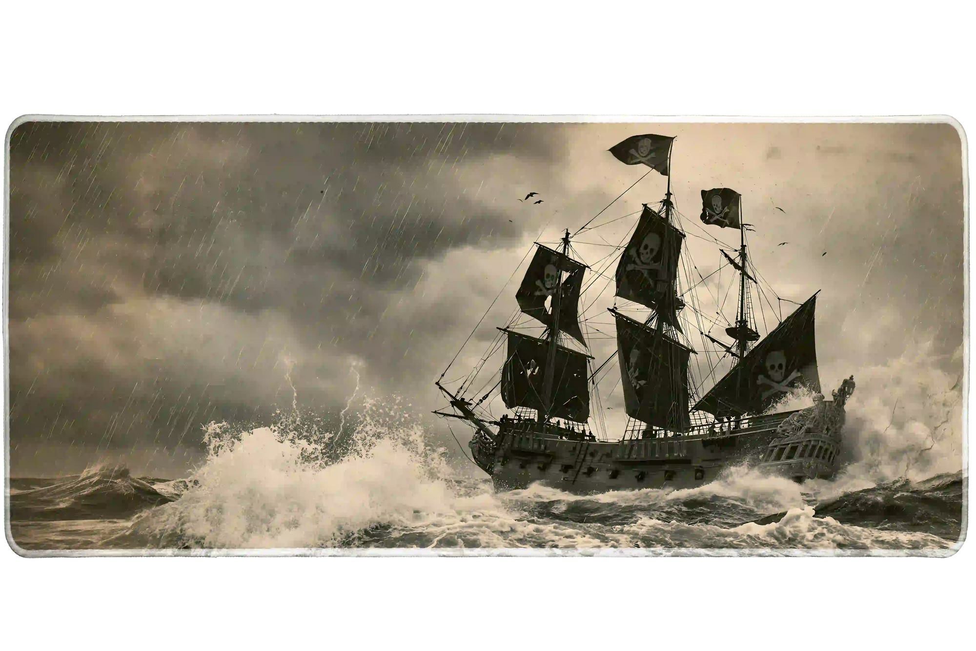 Stormy Pirate Ship desk mat product view highlighting a black sailing ship battling rain and crashing ocean waves