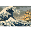 Japanese Storm Wave desk mat product view highlighting towering ukiyo-e waves, driving rain and a traditional ship