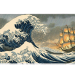 Japanese Storm Wave desk mat product view highlighting towering ukiyo-e waves, driving rain and a traditional ship