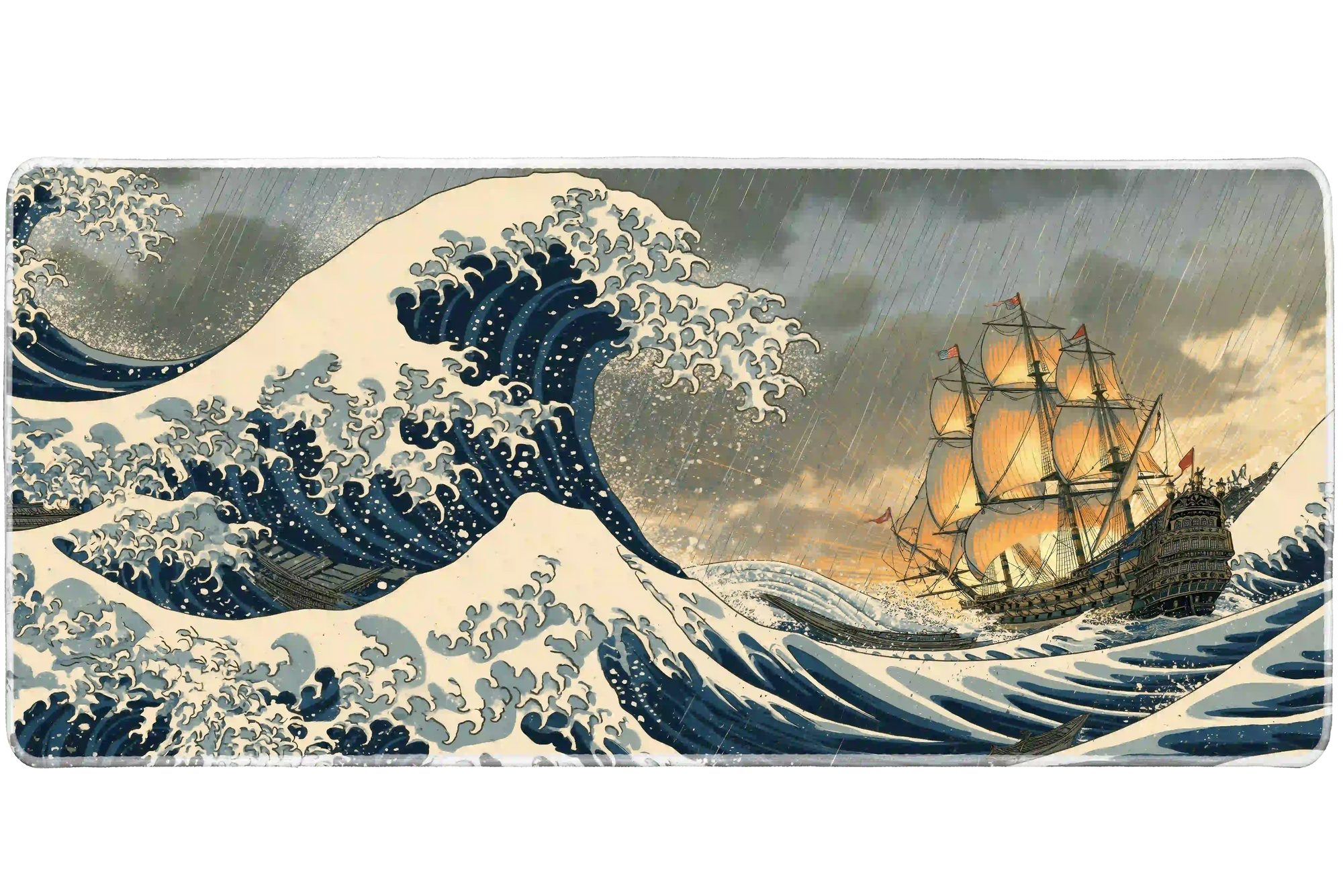 Japanese Storm Wave desk mat product view highlighting towering ukiyo-e waves, driving rain and a traditional ship