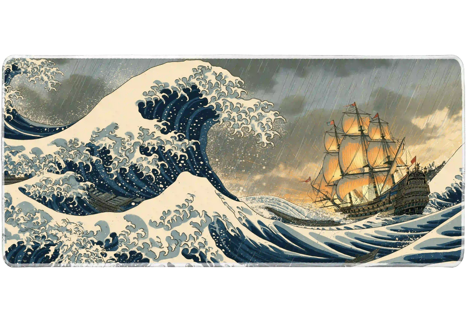 Japanese Storm Wave desk mat product view highlighting towering ukiyo-e waves, driving rain and a traditional ship