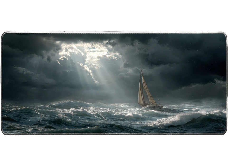 Landscape 36x16in custom desk mat, stormy ocean scene with stitched edge – Print My Pad