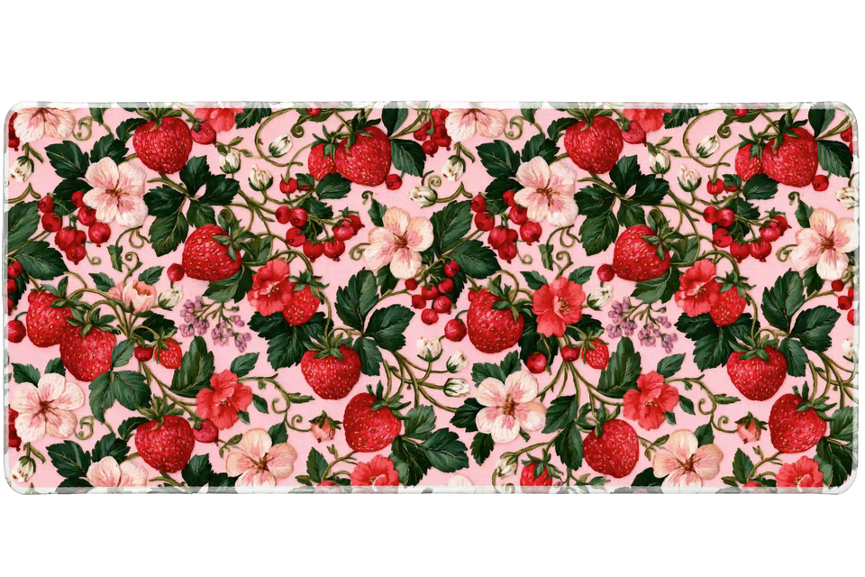 Strawberry Floral desk mat artwork in a wide product view