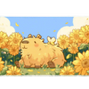 Cute capybara sunflower field artwork on an extended desk mat for a full keyboard and mouse layout