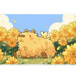 Cute capybara sunflower field artwork on an extended desk mat for a full keyboard and mouse layout