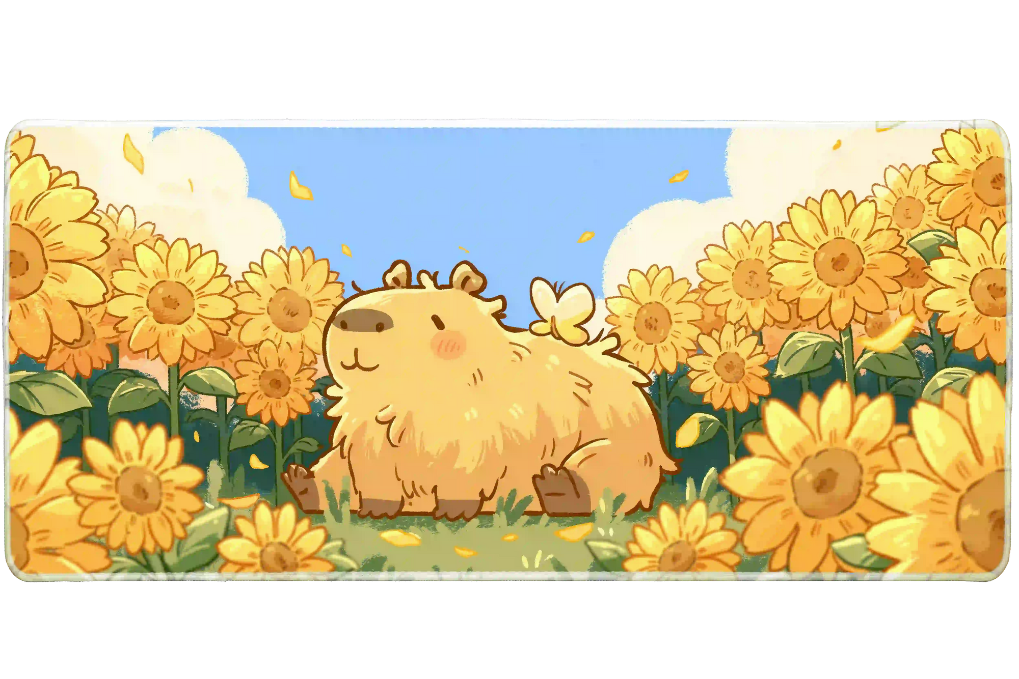 Cute capybara sunflower field artwork on an extended desk mat for a full keyboard and mouse layout