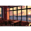 Sunset Cafe Window Desk Mat | River View Mouse Pad artwork on an extended desk mat with sunset cafe window and riverside artwork