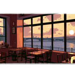 Sunset Cafe Window Desk Mat | River View Mouse Pad artwork on an extended desk mat with sunset cafe window and riverside artwork