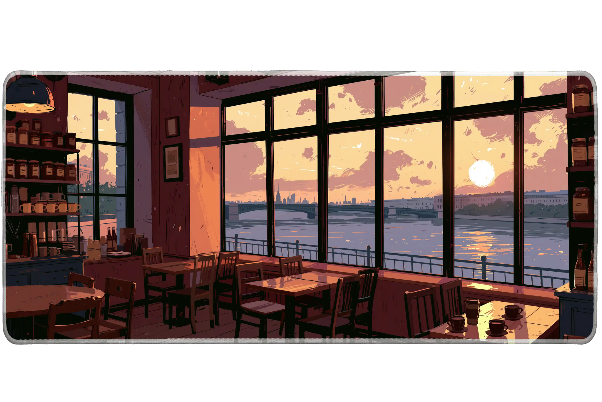 Sunset Cafe Window Desk Mat | River View Mouse Pad artwork on an extended desk mat with sunset cafe window and riverside artwork