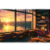 Golden Riverside Cafe Desk Mat | Sunset Mouse Pad artwork on an extended desk mat with golden riverside coffee shop interior artwork