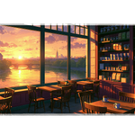 Golden Riverside Cafe Desk Mat | Sunset Mouse Pad artwork on an extended desk mat with golden riverside coffee shop interior artwork