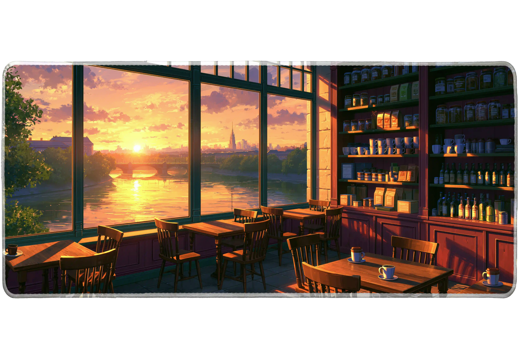 Golden Riverside Cafe Desk Mat | Sunset Mouse Pad artwork on an extended desk mat with golden riverside coffee shop interior artwork