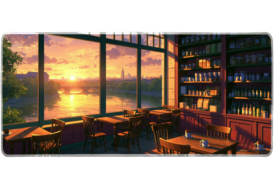 Golden Riverside Cafe Desk Mat | Sunset Mouse Pad artwork on an extended desk mat with golden riverside coffee shop interior artwork