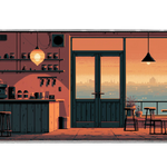 Pixel Sunset Cafe Desk Mat | Coffee Shop Mouse Pad artwork on an extended desk mat with pixel art sunset coffee shop interior