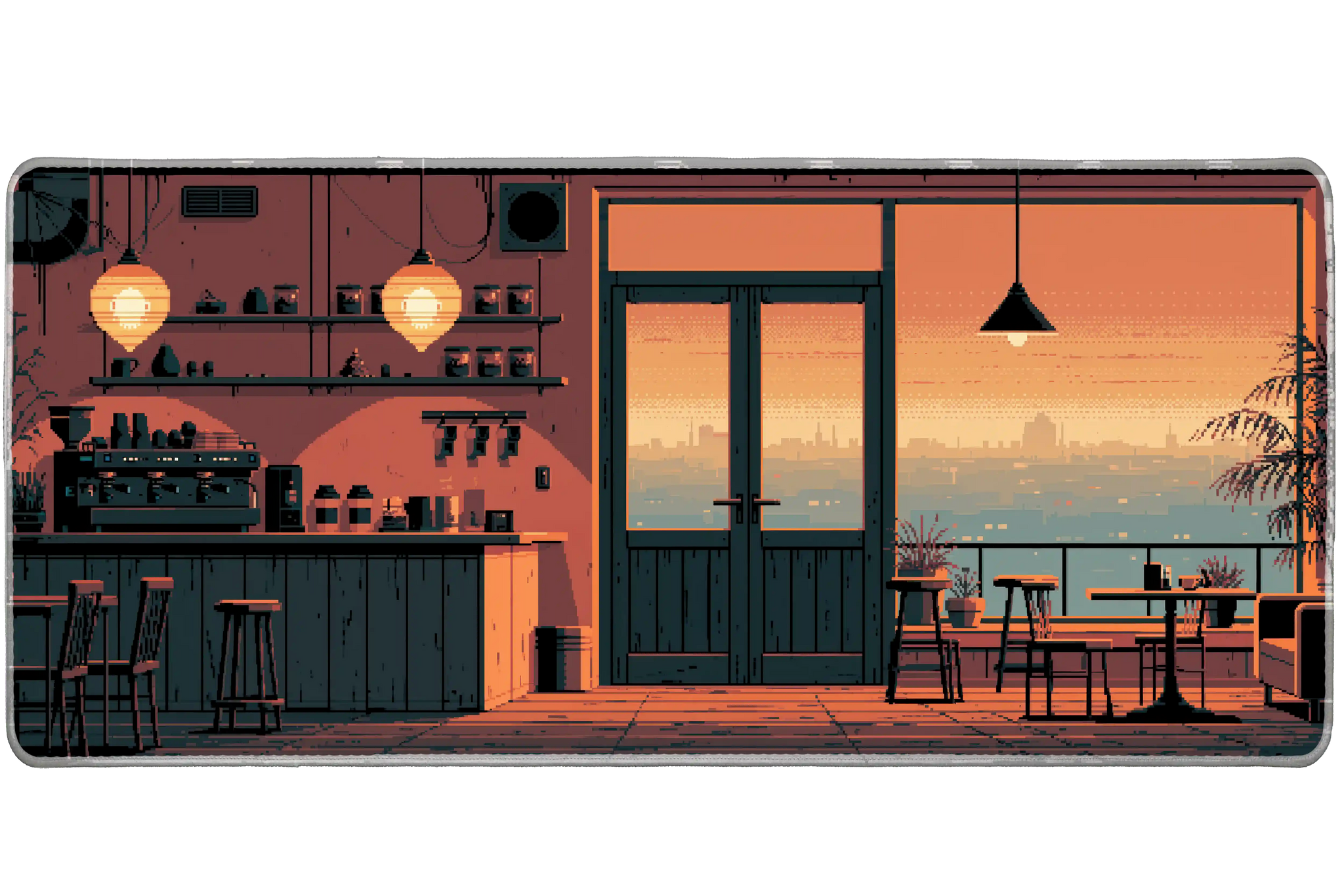 Pixel Sunset Cafe Desk Mat | Coffee Shop Mouse Pad artwork on an extended desk mat with pixel art sunset coffee shop interior