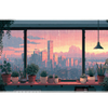 Pink Sunset City Desk Mat | Rainy Window Plants artwork on an extended desk mat with pink sunset city design