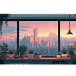 Pink Sunset City Desk Mat | Rainy Window Plants artwork on an extended desk mat with pink sunset city design