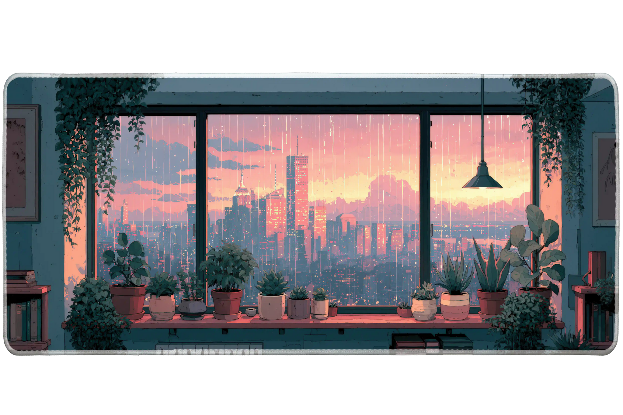 Pink Sunset City Desk Mat | Rainy Window Plants artwork on an extended desk mat with pink sunset city design