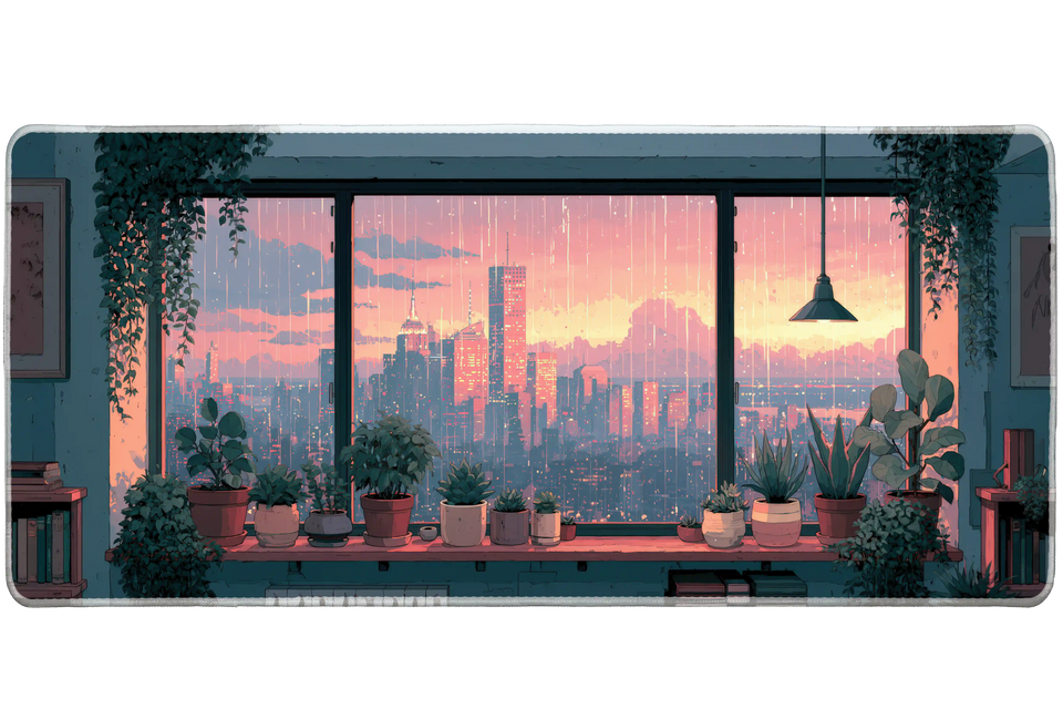 Pink Sunset City Desk Mat | Rainy Window Plants artwork on an extended desk mat with pink sunset city design