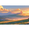 Wide view of the Dragon Castle Sunset desk mat featuring a distant castle, green valley and small dragon beneath a golden sky