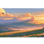 Wide view of the Dragon Castle Sunset desk mat featuring a distant castle, green valley and small dragon beneath a golden sky