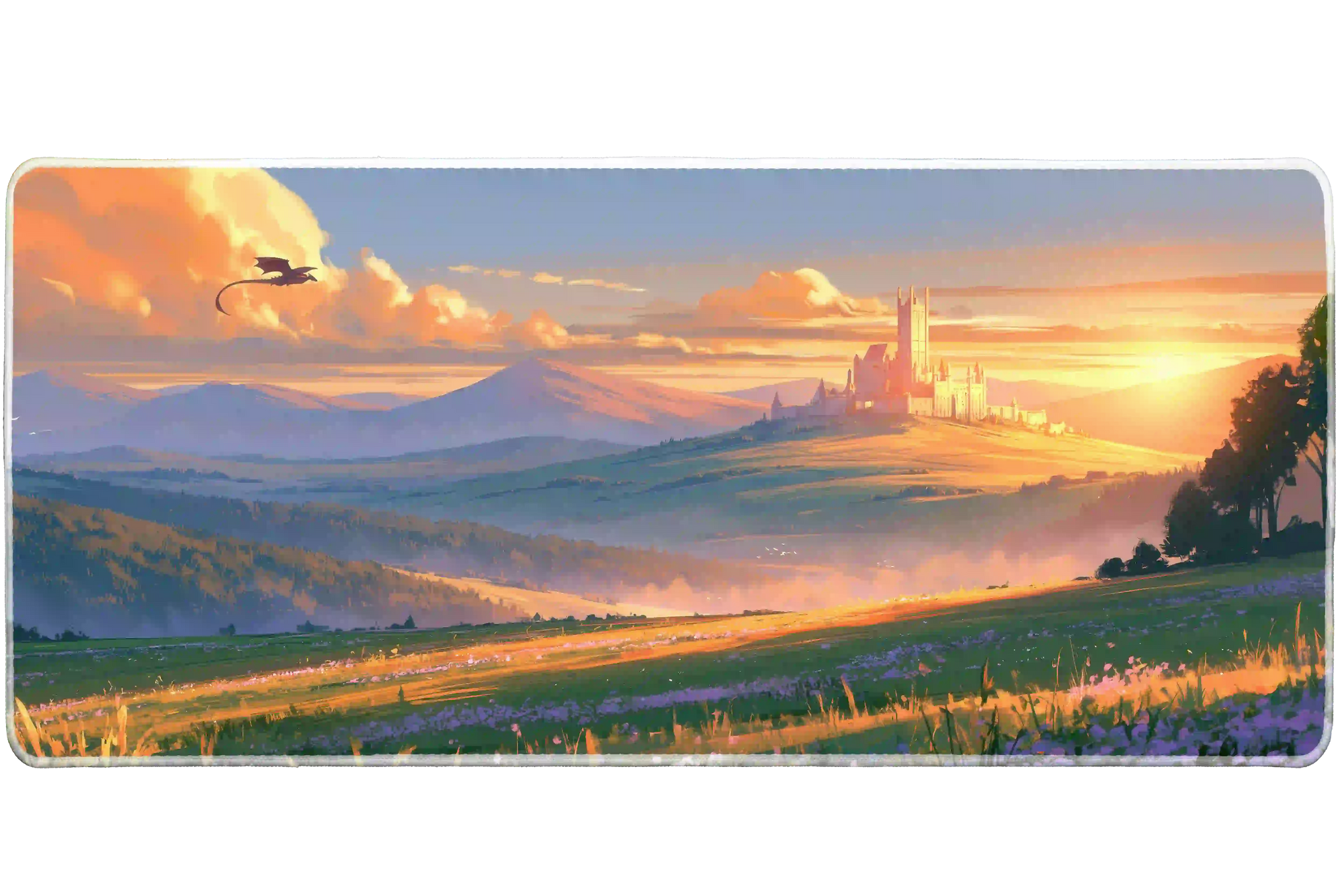 Wide view of the Dragon Castle Sunset desk mat featuring a distant castle, green valley and small dragon beneath a golden sky