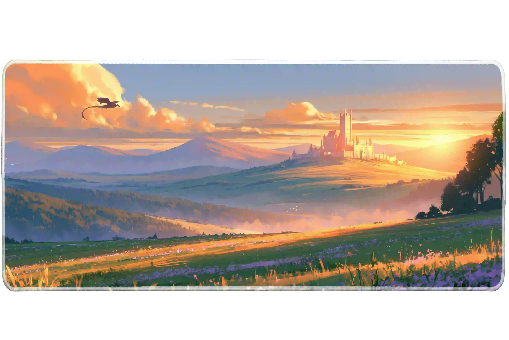 Wide view of the Dragon Castle Sunset desk mat featuring a distant castle, green valley and small dragon beneath a golden sky
