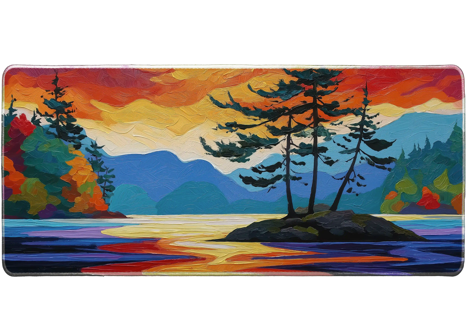 Landscape 36x16in custom mouse pad with vivid sunset island scene, stitched edge – PrintMyPad