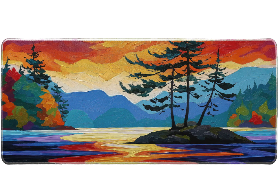 Landscape 36x16in custom mouse pad with vivid sunset island scene, stitched edge – PrintMyPad