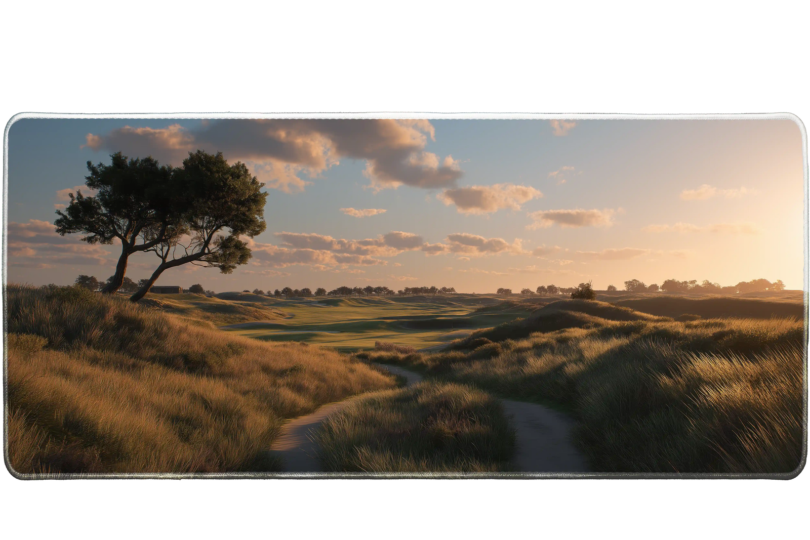 Landscape 36x16in custom desk mat featuring golden meadow at sunset, non-slip rubber base – PrintMyPad
