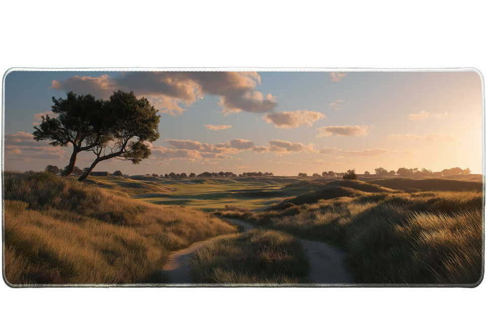 Landscape 36x16in custom desk mat featuring golden meadow at sunset, non-slip rubber base – PrintMyPad