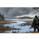 Wide survival hunter wetlands landscape desk mat displaying the complete artwork across a desktop