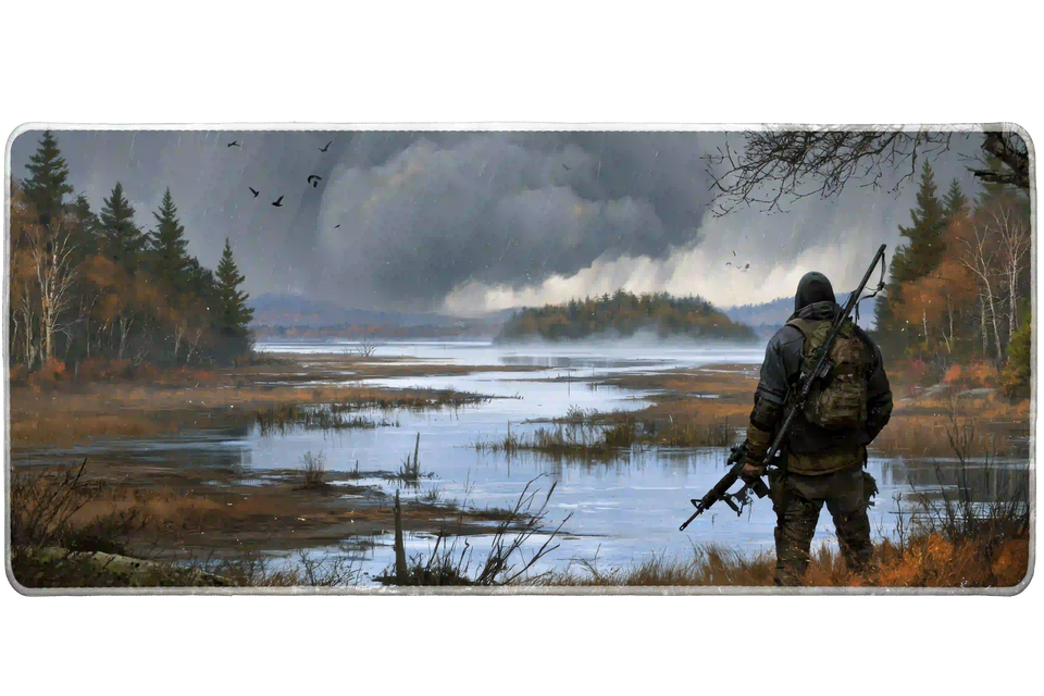 Wide survival hunter wetlands landscape desk mat displaying the complete artwork across a desktop