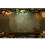 Wide post-apocalyptic survival workbench desk mat displaying the complete artwork across a desktop