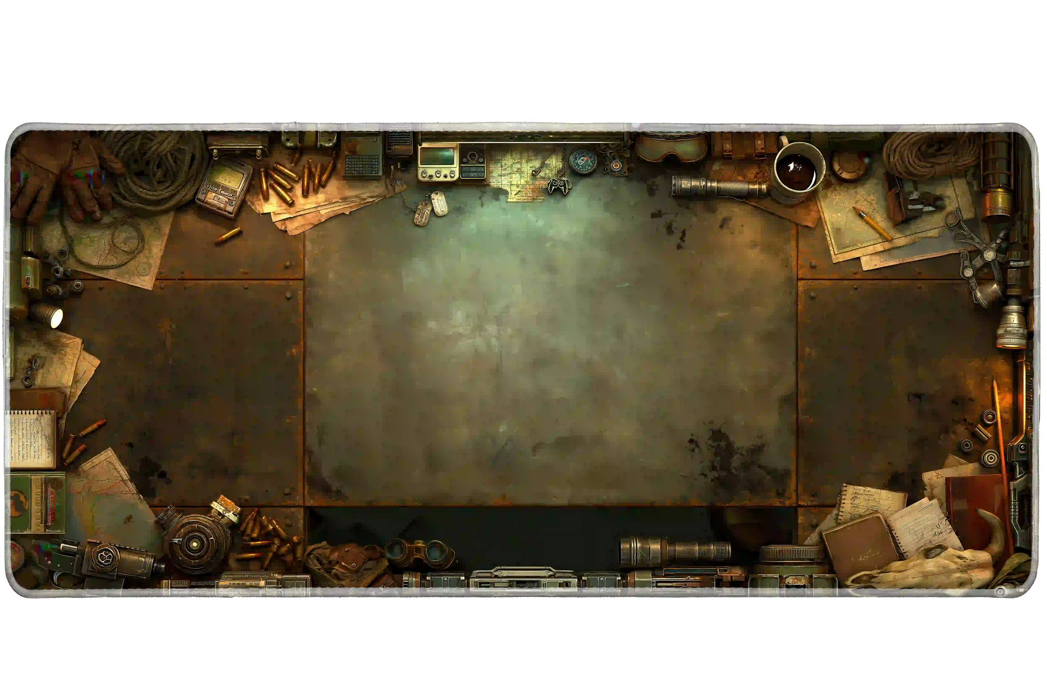 Wide post-apocalyptic survival workbench desk mat displaying the complete artwork across a desktop