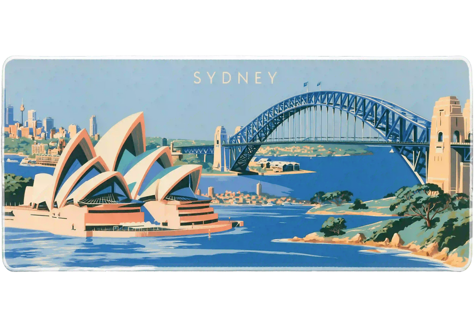 Sydney desk mat artwork showing Opera House sails and the Harbour Bridge over bright blue water