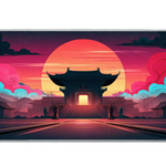 Full-width Asian Temple Sunset desk mat showing temple silhouettes framed by a huge sun and dramatic clouds