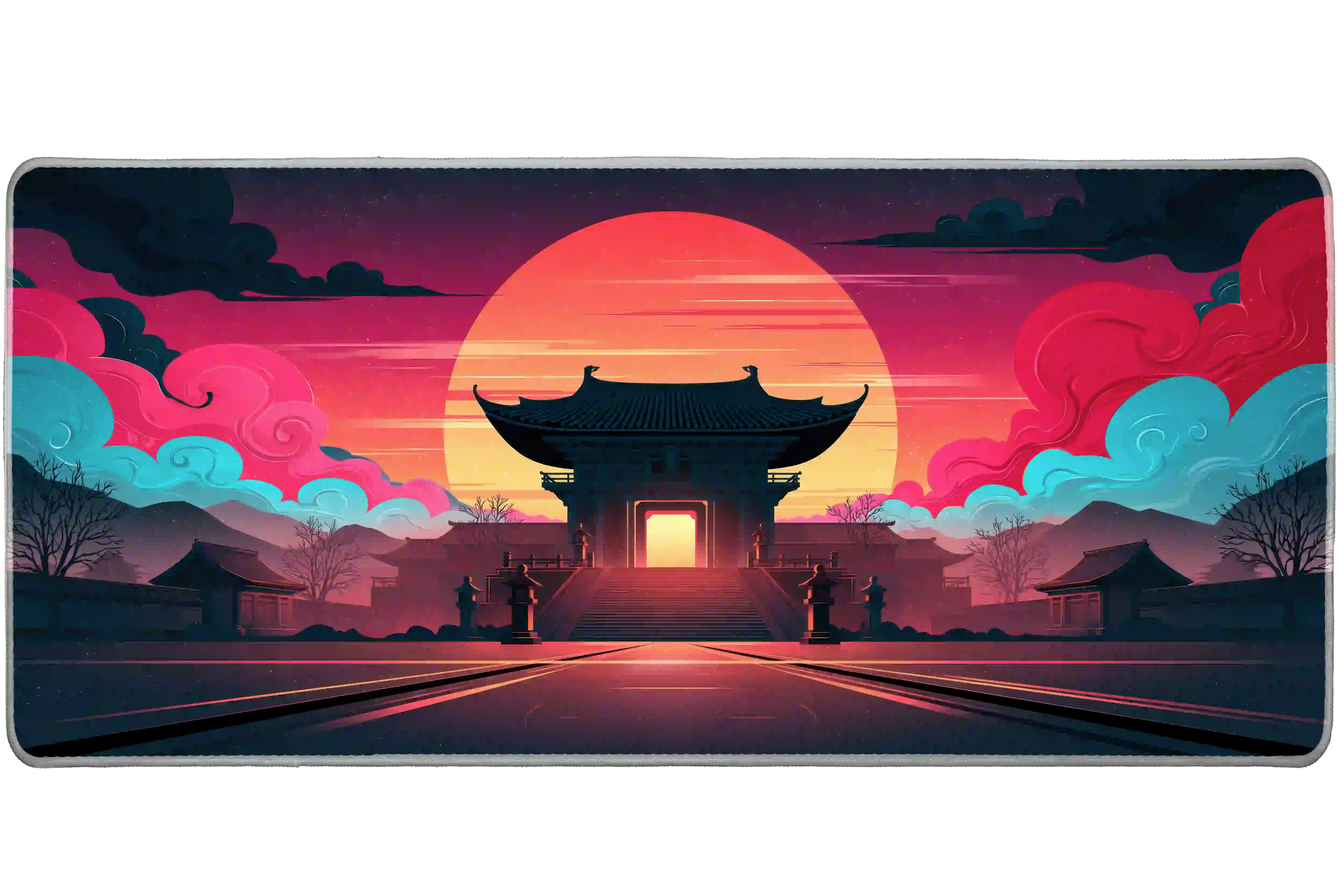 Full-width Asian Temple Sunset desk mat showing temple silhouettes framed by a huge sun and dramatic clouds