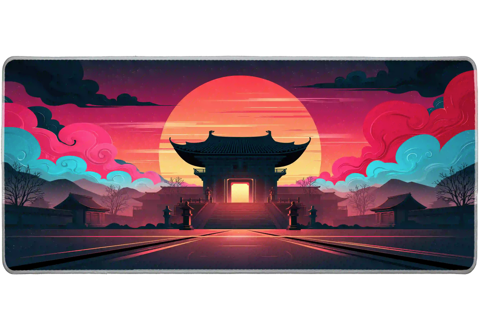 Full-width Asian Temple Sunset desk mat showing temple silhouettes framed by a huge sun and dramatic clouds