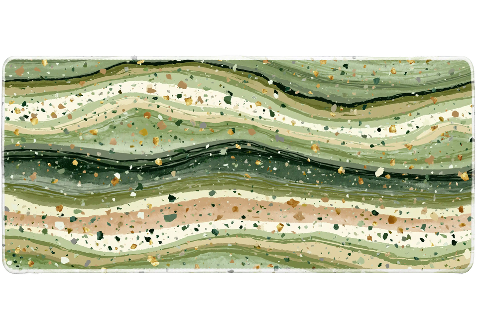 Green Terrazzo Wave Desk Mat | Abstract Mouse Pad artwork on an extended desk mat with green terrazzo wave abstract pattern