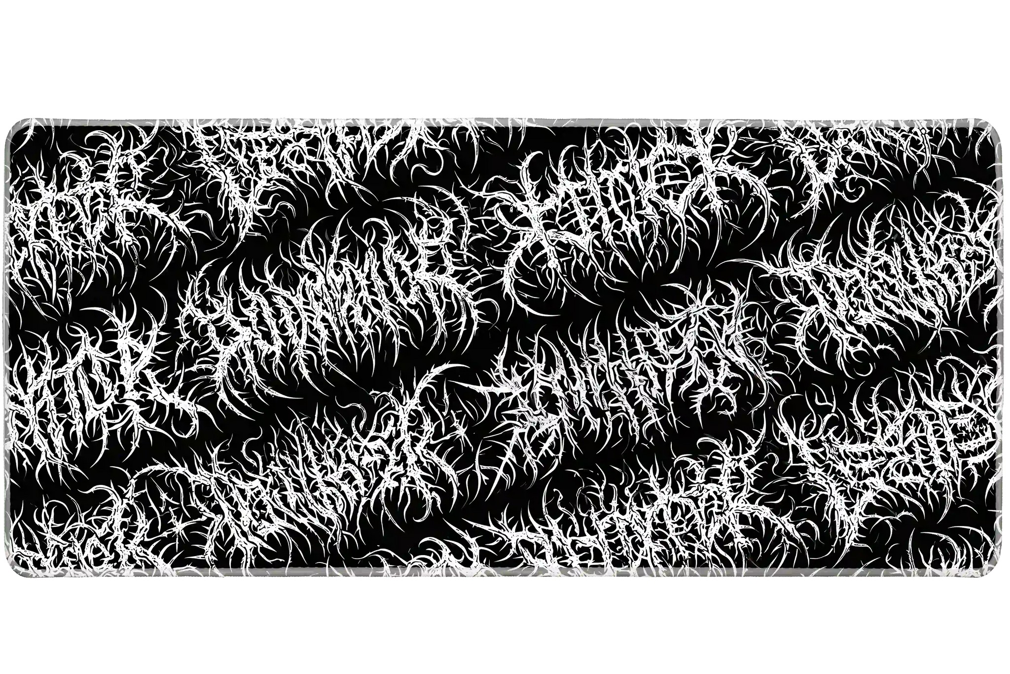 Black metal thorncore gothic pattern desk mat shown in its wide-format artwork view