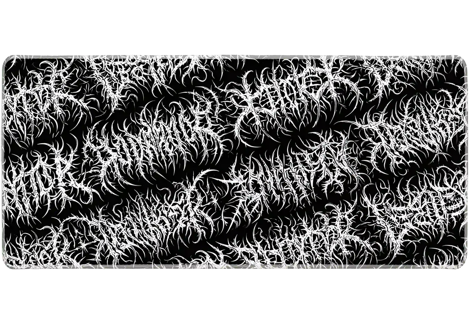 Black metal thorncore gothic pattern desk mat shown in its wide-format artwork view