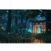 Mystical Torii Forest desk mat product view highlighting a glowing red torii gate reflected in moonlit forest water