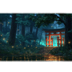 Mystical Torii Forest desk mat product view highlighting a glowing red torii gate reflected in moonlit forest water
