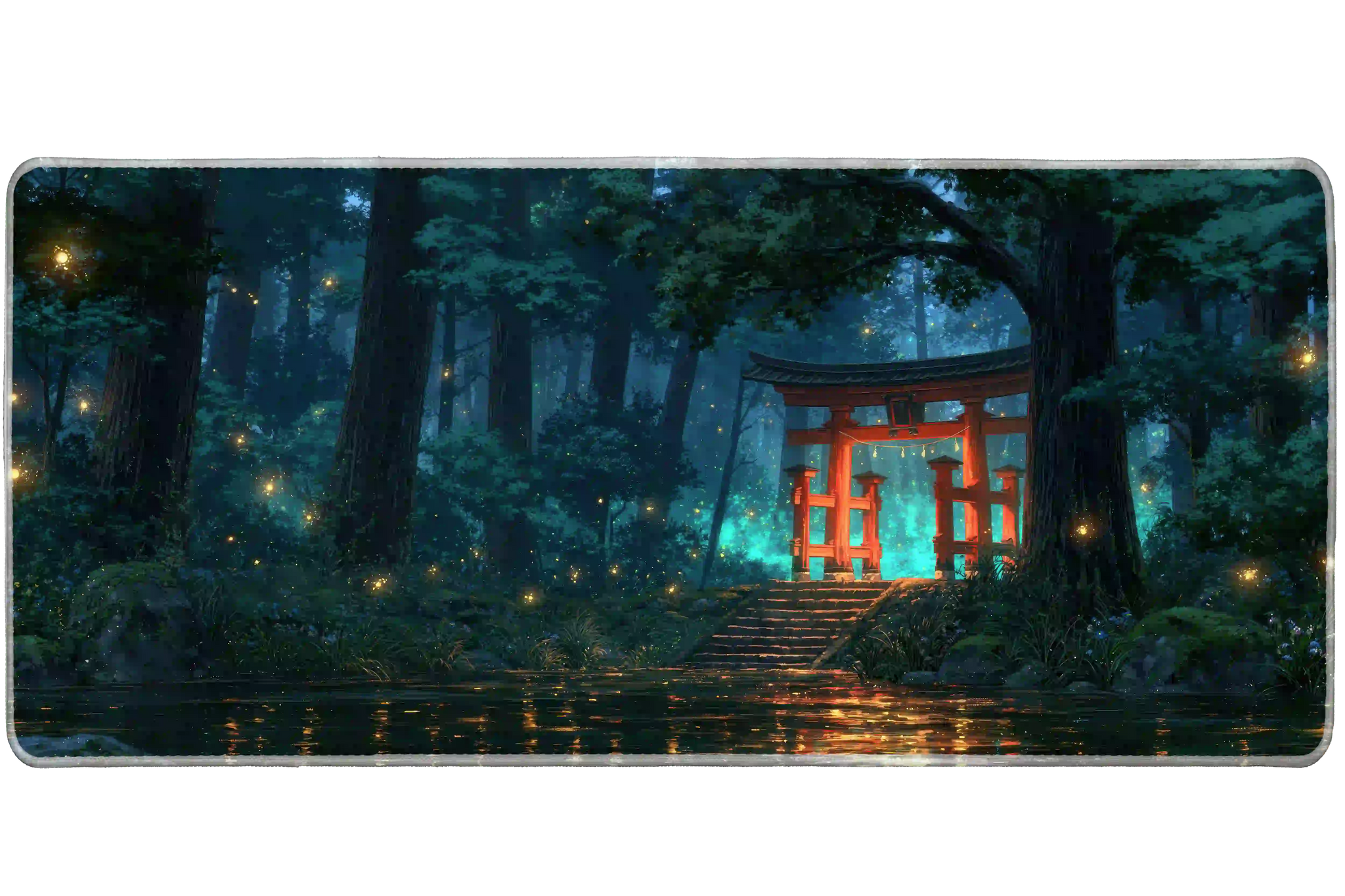 Mystical Torii Forest desk mat product view highlighting a glowing red torii gate reflected in moonlit forest water